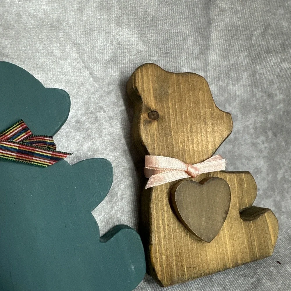 Cottagecore Decor Wooden Teddy Bear‎ Shelf Sitters Ribbon Heart